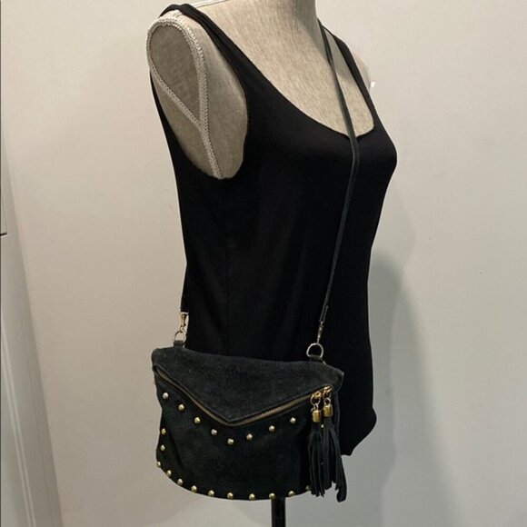 Vintage Black Studded Fringe Crossbody Suede Bag - Picture 2 of 14